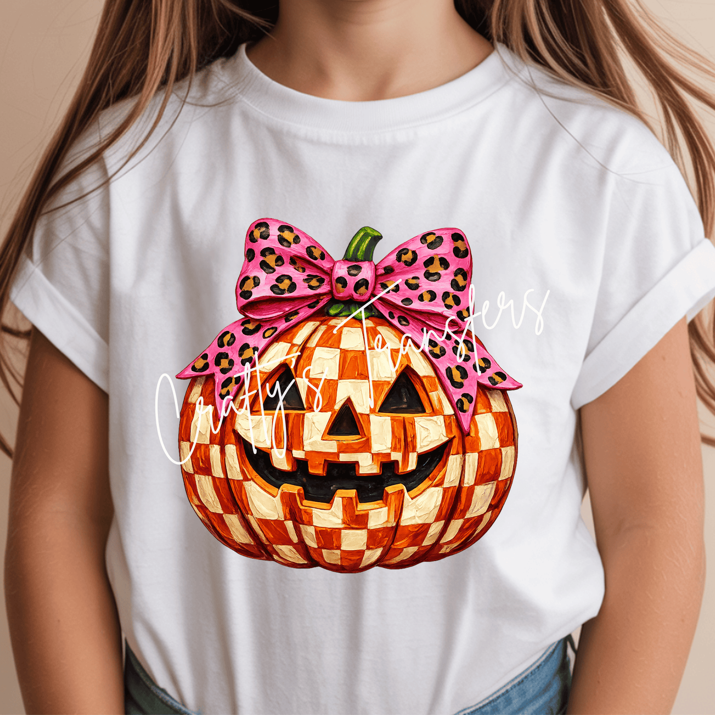 Checkered Pumpkin DTF Transfer | Boy & Girl Halloween Pumpkin with Blue Hat or Pink Leopard Bow | Fall Shirt Heat Transfer