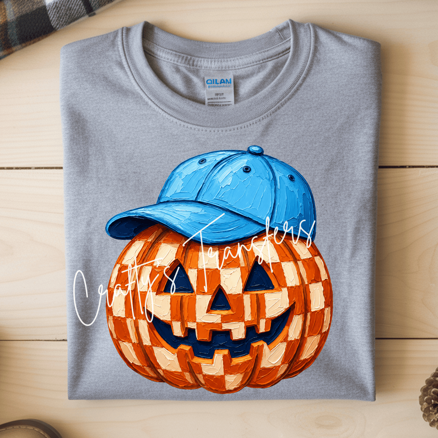 Checkered Pumpkin DTF Transfer | Boy & Girl Halloween Pumpkin with Blue Hat or Pink Leopard Bow | Fall Shirt Heat Transfer