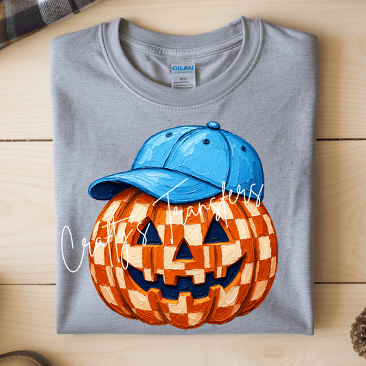 Checkered Pumpkin DTF Transfer | Boy & Girl Halloween Pumpkin with Blue Hat or Pink Leopard Bow | Fall Shirt Heat Transfer