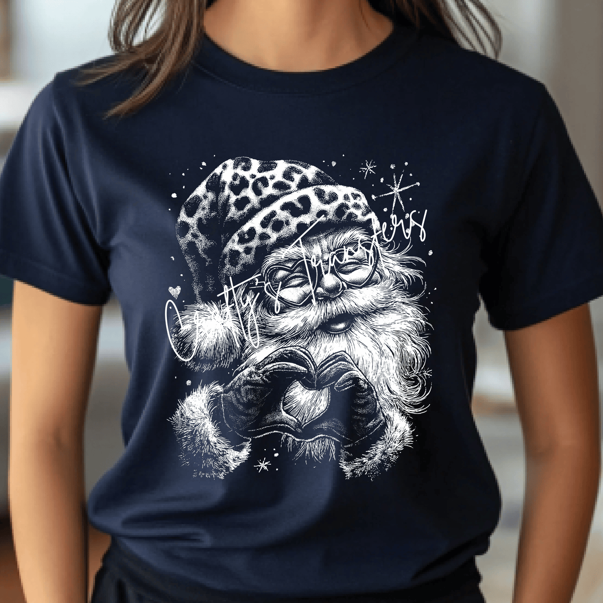 Leopard Print Santa DTF Transfer | Cute Christmas Santa Heart Hands