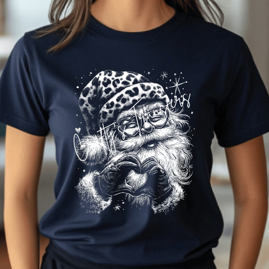 Leopard Print Santa DTF Transfer | Cute Christmas Santa Heart Hands