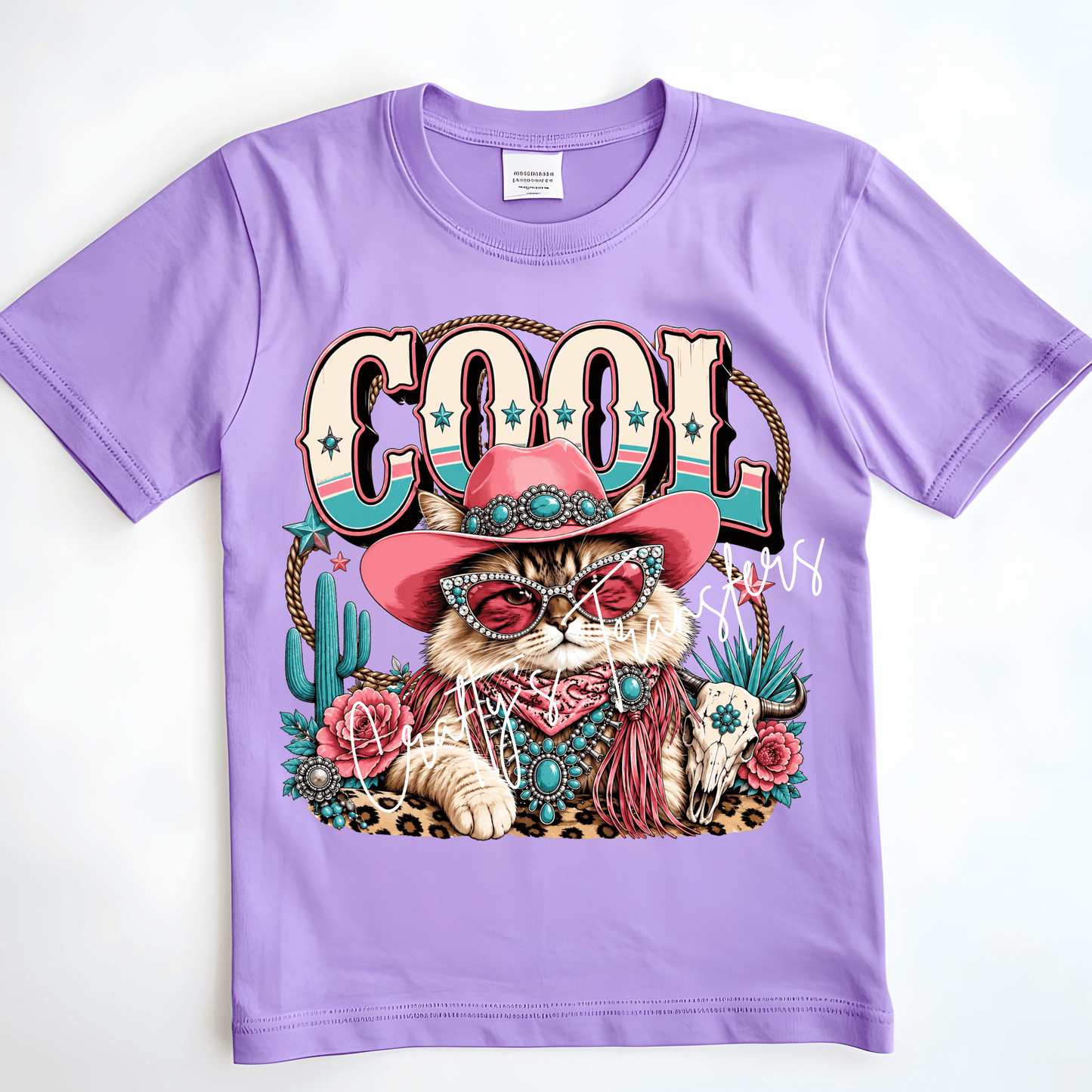 Cool Cat Western DTF Transfer | Cowgirl Cat with Pink Cowboy Hat & Turquoise Jewelry | Boutique Western Shirt Transfer