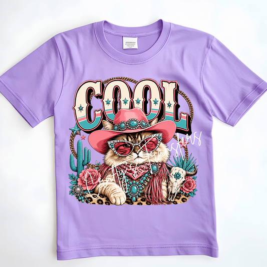 Cool Cat Western DTF Transfer | Cowgirl Cat with Pink Cowboy Hat & Turquoise Jewelry | Boutique Western Shirt Transfer