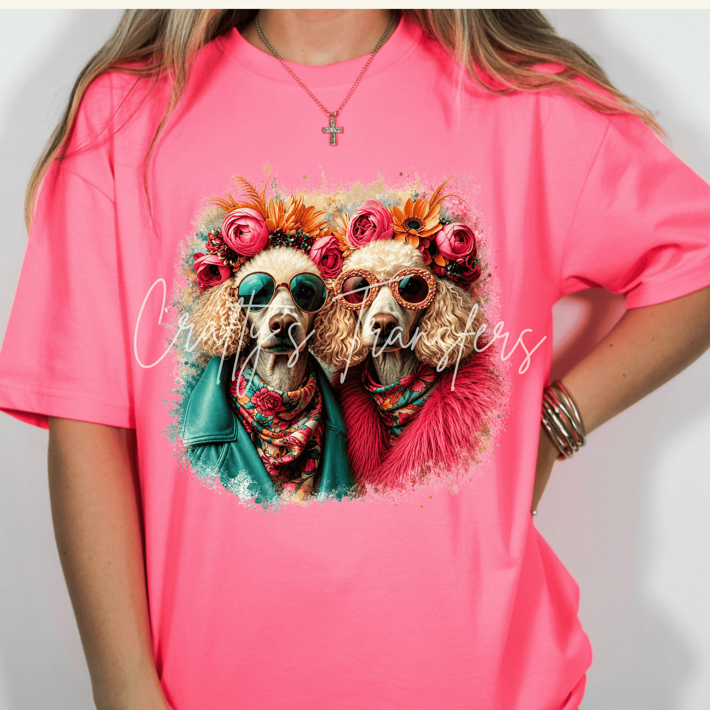 Floral Poodle Dog DTF Transfer | Stylish Boho Poodle with Sunglasses | Boutique Dog Lover Shirt Heat Transfer