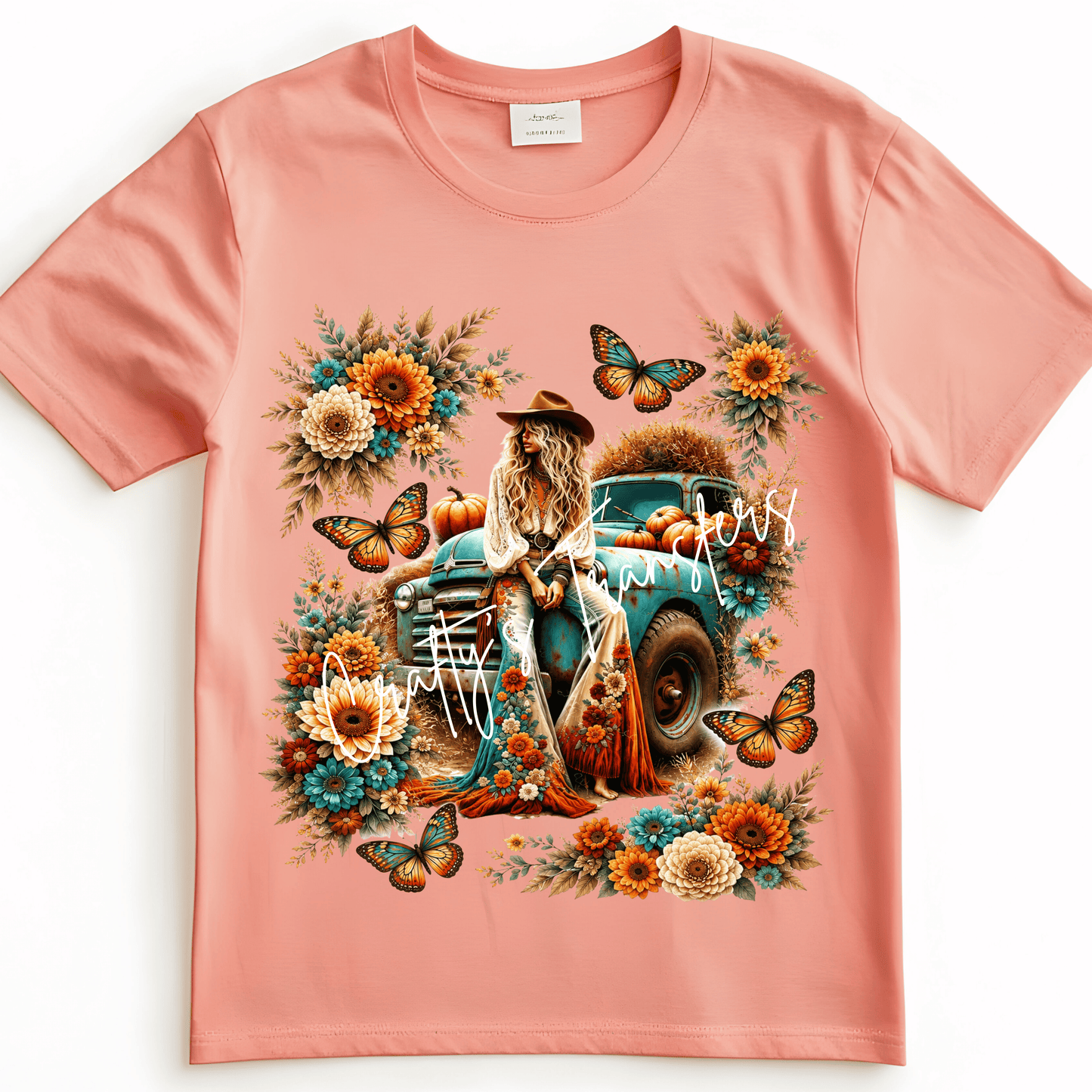 Boho Cowgirl Fall DTF Transfer | Vintage Turquoise Truck with Pumpkins & Sunflowers | Western Autumn Shirt Heat Transfer