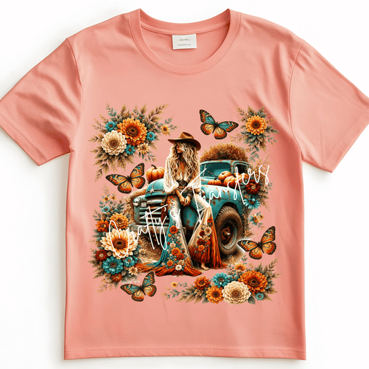 Boho Cowgirl Fall DTF Transfer | Vintage Turquoise Truck with Pumpkins & Sunflowers | Western Autumn Shirt Heat Transfer