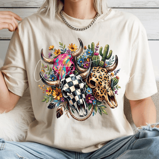 Western Cow Skull DTF Transfer | Colorful Boho Longhorn Skull with Leopard, Checkered & Cactus | Western Boutique Heat Transfer | Cowgirl Shirt Design