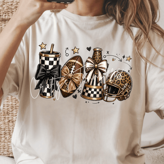 Football Mom DTF Transfer | Leopard Football Helmet, Checkered Tumbler, Megaphone & Football Bow | Boutique Game Day Heat Transfer | Sports Mom Shirt Design