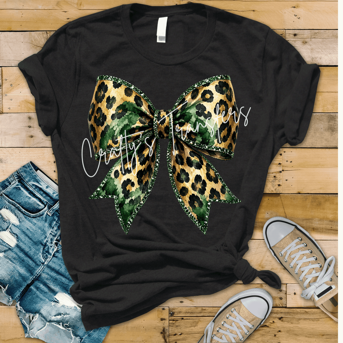 Green Camo Leopard Bow DTF Transfer | Gold Leopard Print Boutique Bow | Hunter Green Glitter Ribbon Heat Transfer | Coquette Shirt Design