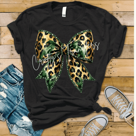 Green Camo Leopard Bow DTF Transfer | Gold Leopard Print Boutique Bow | Hunter Green Glitter Ribbon Heat Transfer | Coquette Shirt Design