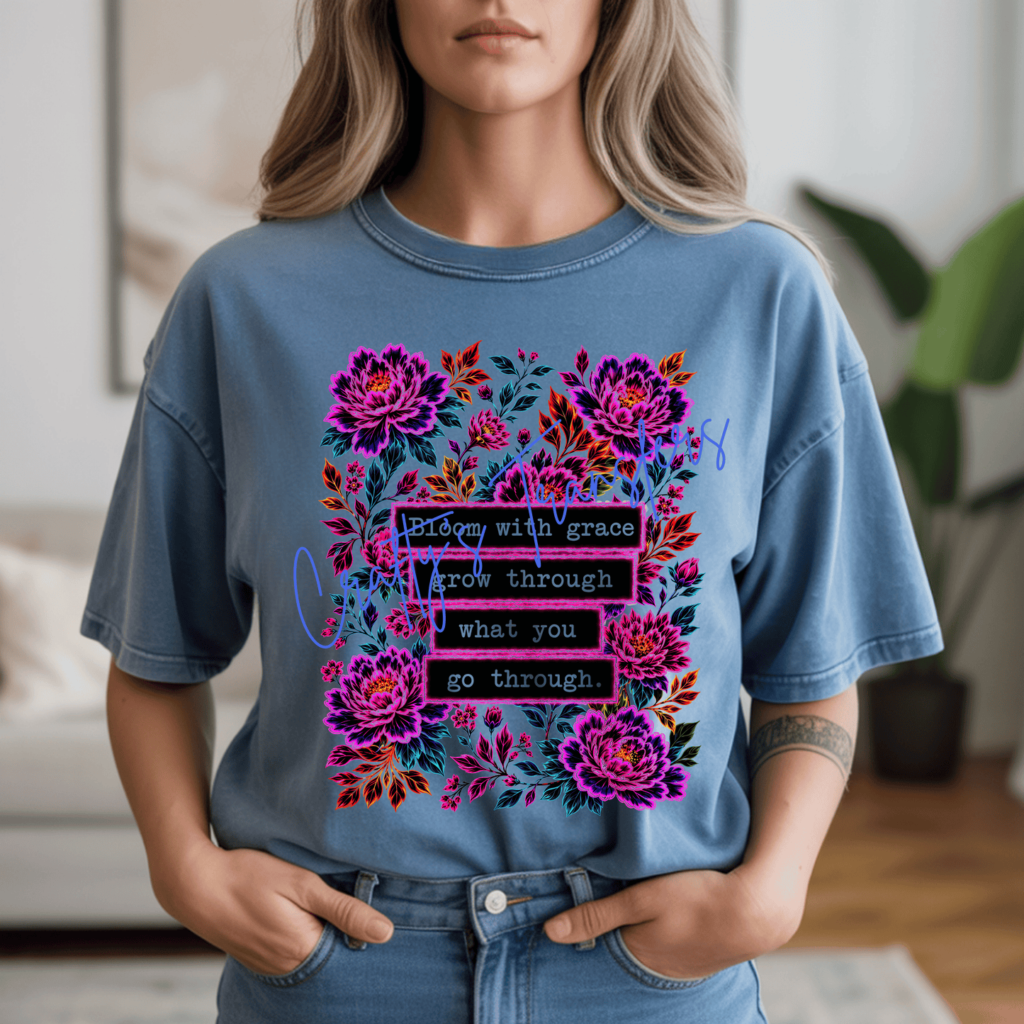 Bloom with Grace Grow Through What You Go Through DTF Transfer | Inspirational Floral Heat Transfer | Motivational Graphic Shirt Transfer