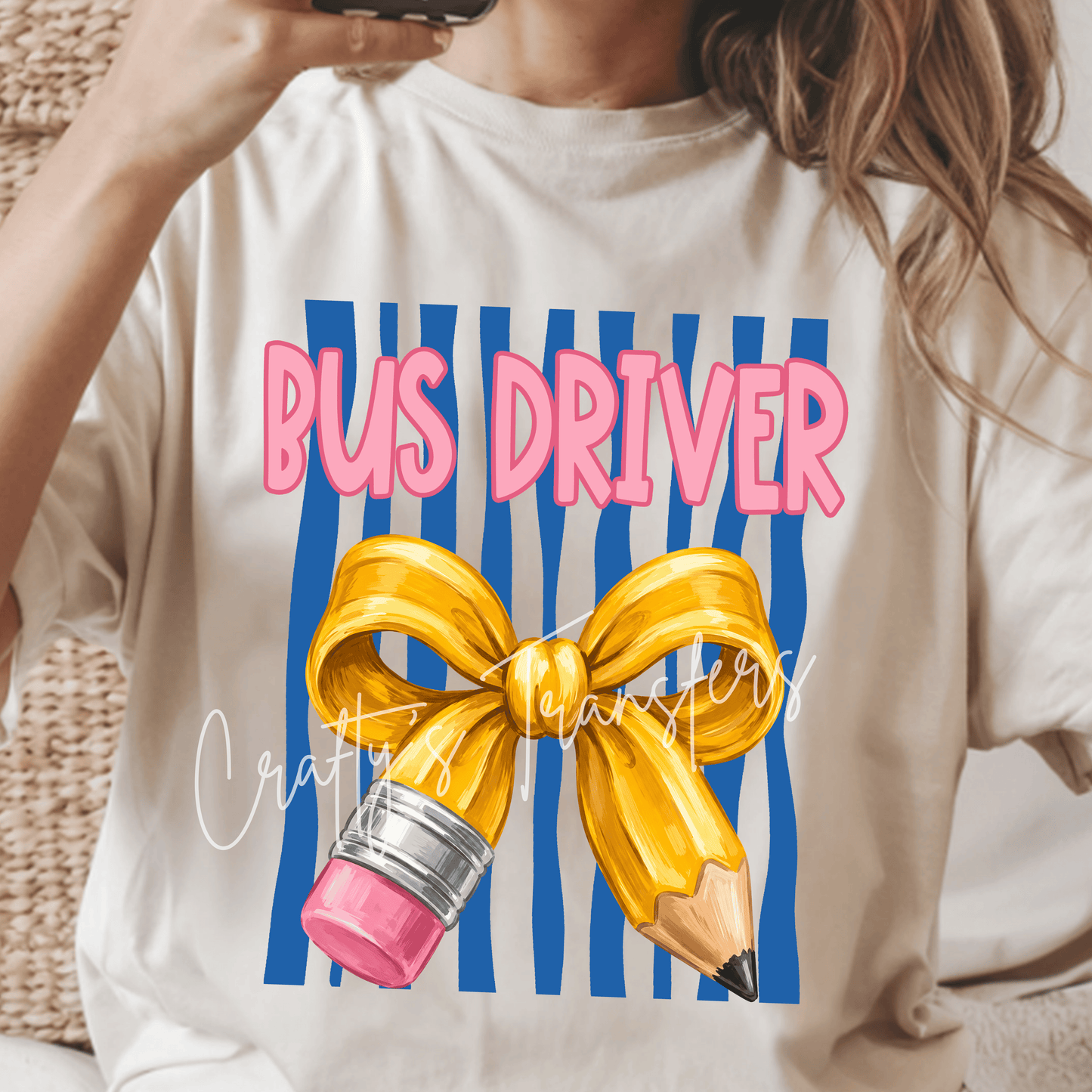 Blue Stripe Teacher Para Principal Bus Driver Pencil Bow