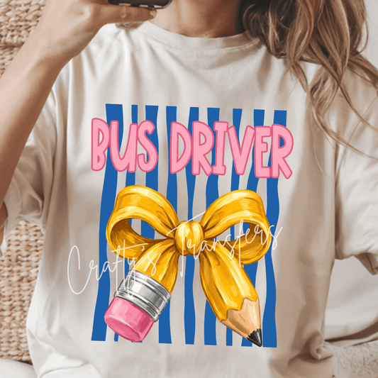 Blue Stripe Teacher Para Principal Bus Driver Pencil Bow