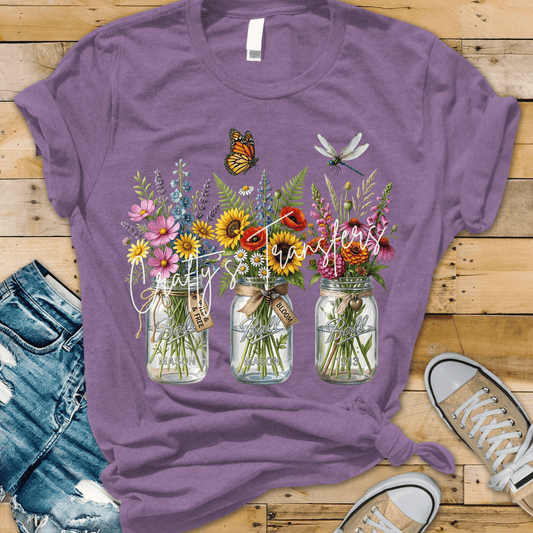 Wildflower Mason Jar Bouquet DTF Transfer | Rustic Floral Wildflowers with Sunflowers & Butterflies Heat Transfer | Cottagecore Garden Shirt Design