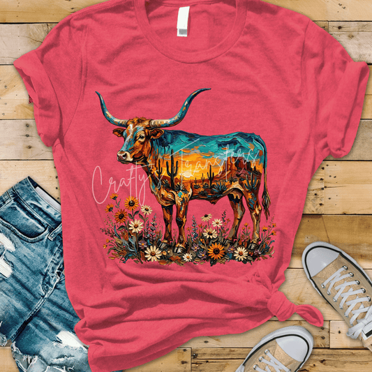 Western Desert Longhorn Steer DTF Transfer | Colorful Southwest Cow with Cactus Sunset Heat Transfer | Western Cowgirl Shirt Design
