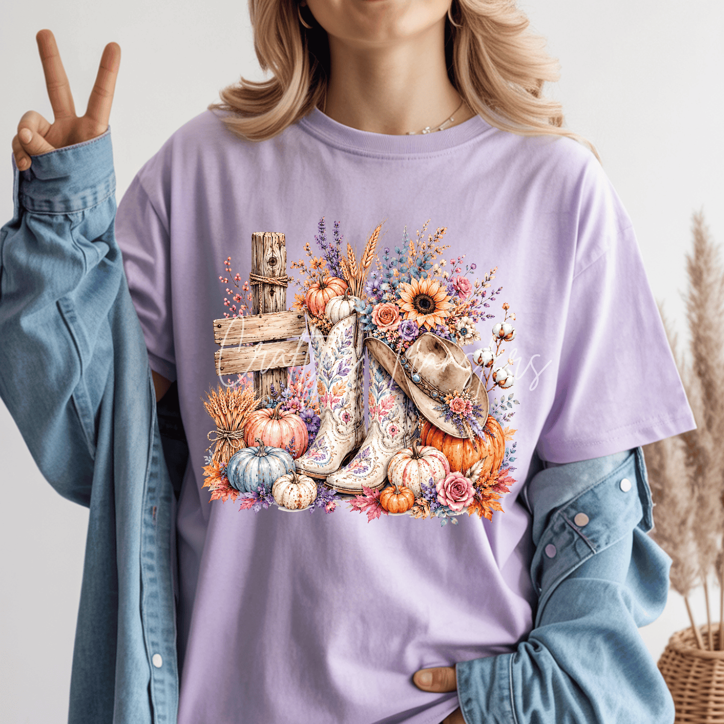 Fall Cowgirl Boots DTF Transfer | Floral Western Boots, Cowboy Hat & Pumpkins Heat Transfer | Rustic Autumn Western Shirt Design