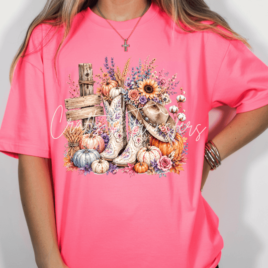 Fall Cowgirl Boots DTF Transfer | Floral Western Boots, Cowboy Hat & Pumpkins Heat Transfer | Rustic Autumn Western Shirt Design