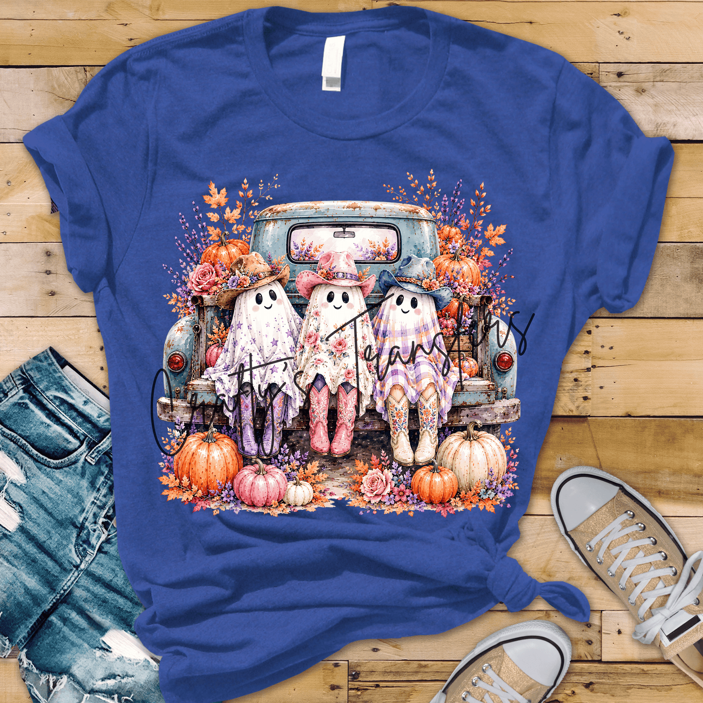 Halloween Ghost Cowgirl DTF Transfer | Cute Ghosts in Cowboy Boots on Vintage Truck with Pumpkins | Western Fall Heat Transfer