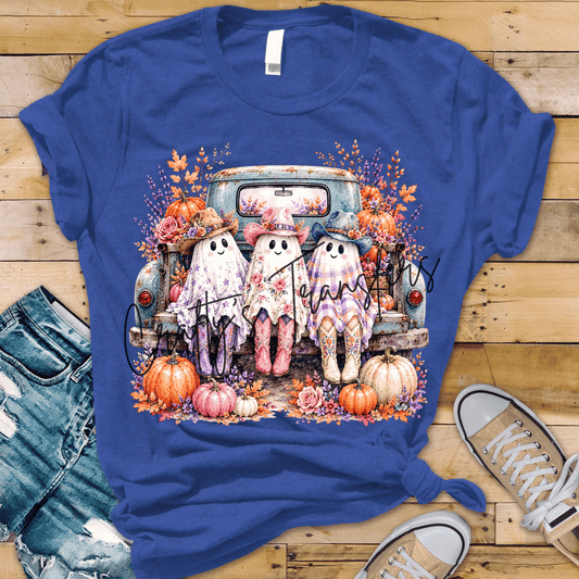Halloween Ghost Cowgirl DTF Transfer | Cute Ghosts in Cowboy Boots on Vintage Truck with Pumpkins | Western Fall Heat Transfer