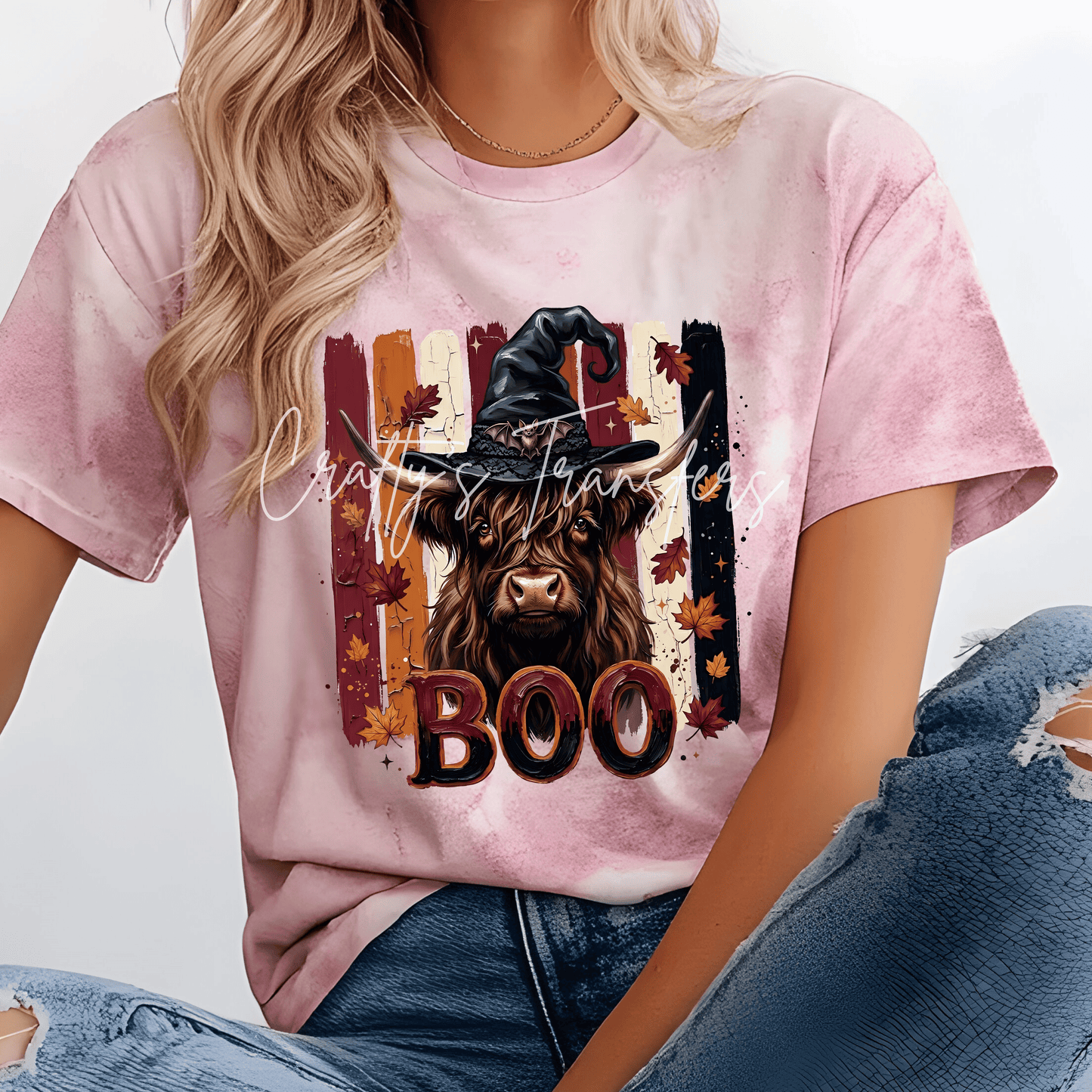 Highland Cow Witch Halloween DTF Transfer | BOO Highland Cow with Witch Hat & Bat | Spooky Fall Cow Heat Transfer