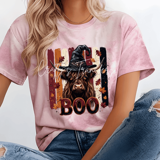 Highland Cow Witch Halloween DTF Transfer | BOO Highland Cow with Witch Hat & Bat | Spooky Fall Cow Heat Transfer