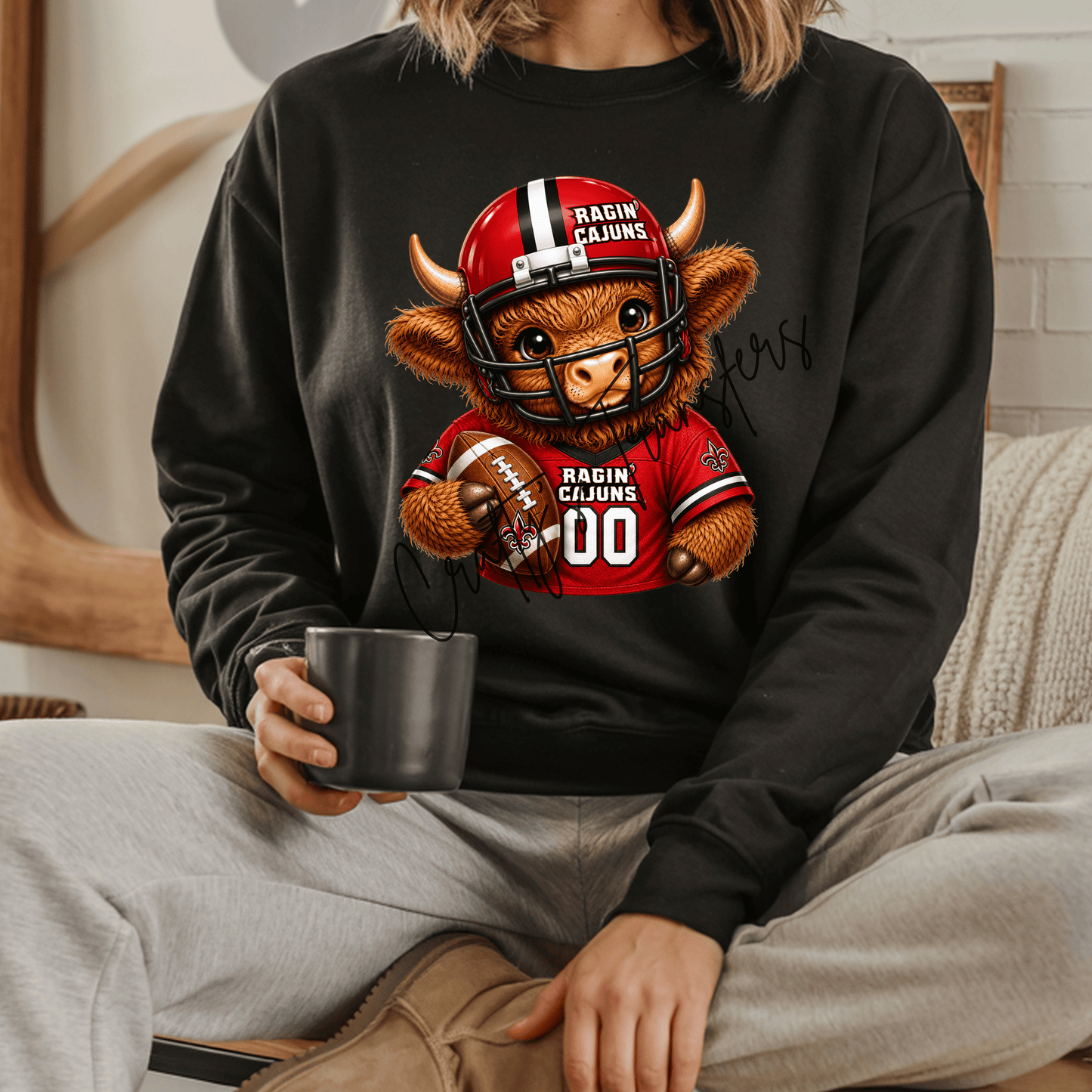 Football Highland Cow DTF Transfer – Cute Jersey and Helmet Cow Shirt Design