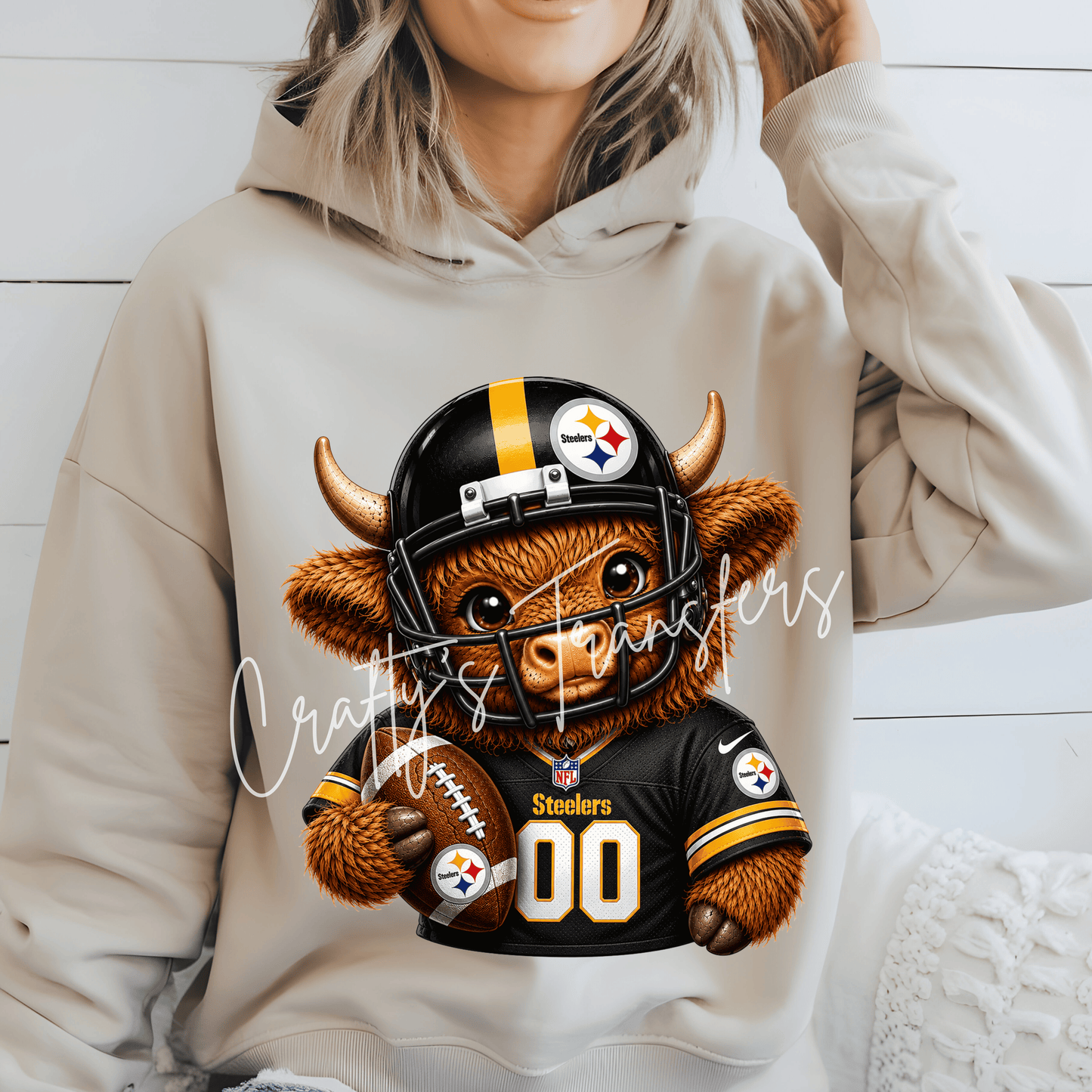 (2) Football Highland Cow DTF Transfer – Cute Jersey and Helmet Cow Shirt Design