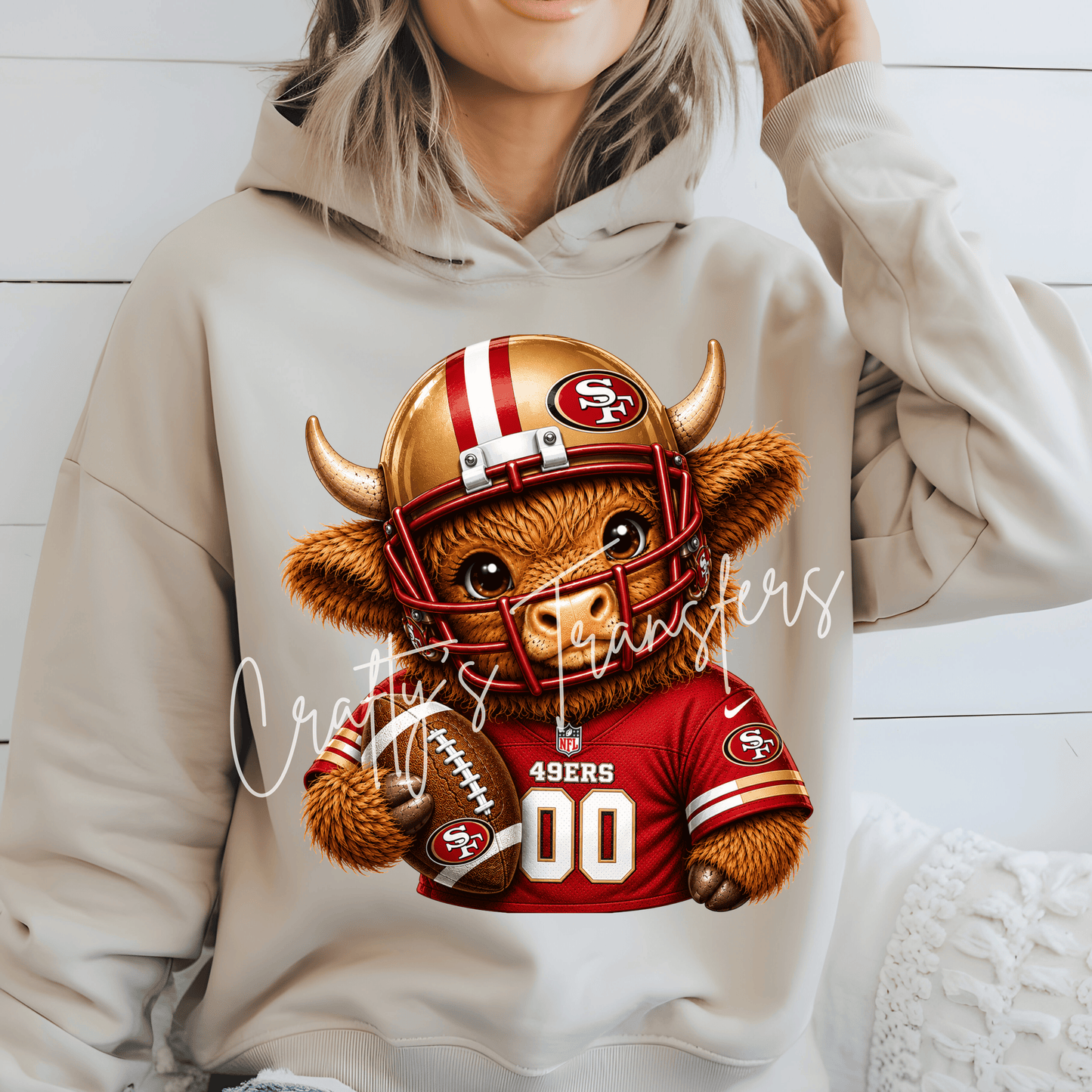 (2) Football Highland Cow DTF Transfer – Cute Jersey and Helmet Cow Shirt Design