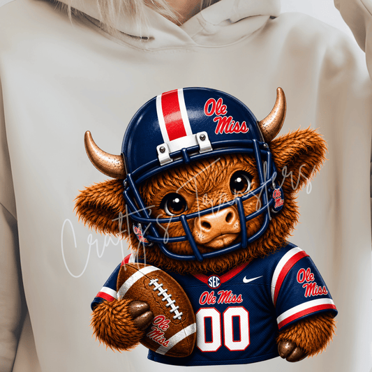 (2) Football Highland Cow DTF Transfer – Cute Jersey and Helmet Cow Shirt Design