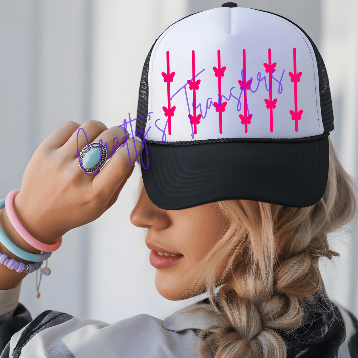 Hot Pink Butterfly Trucker Hat DTF Transfer – Girly Hat Wrap Design