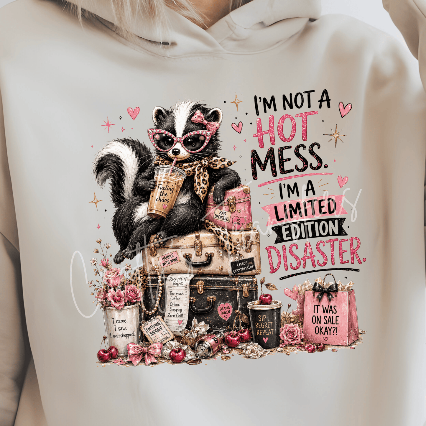 Hot Mess Skunk DTF Transfer – Limited Edition Disaster Funny Graphic – Pink Leopard Chaos Design