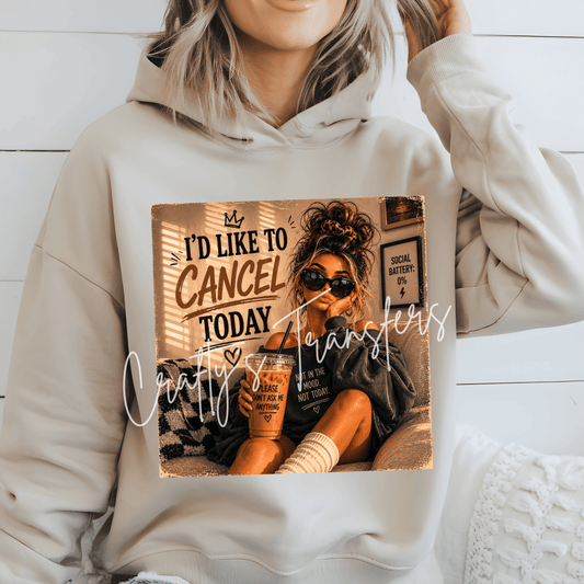 Cancel Today Funny DTF Transfer – Social Battery Zero Coffee Graphic – Sarcastic Introvert Shirt Design