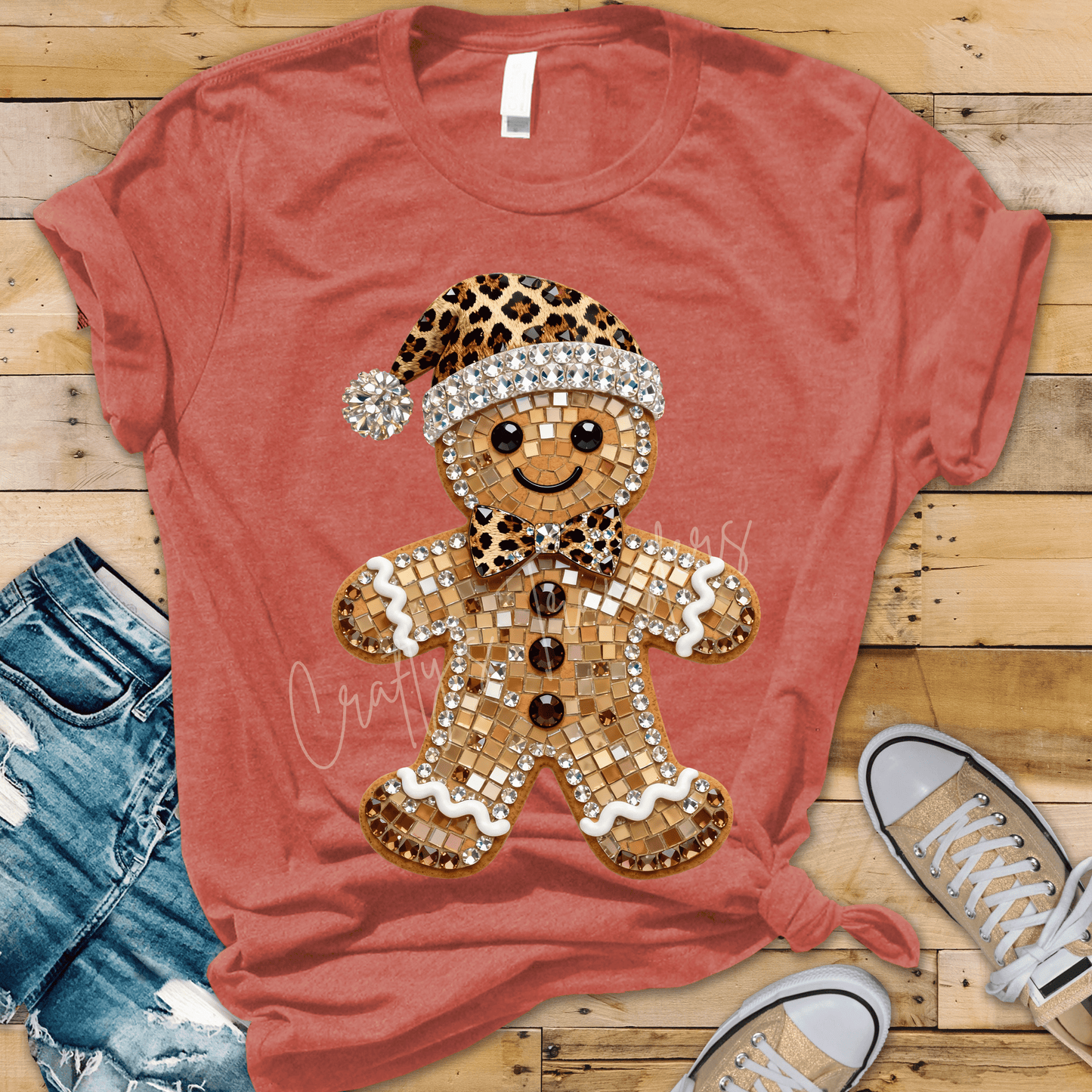 Leopard Gingerbread Man DTF Transfer – Jeweled Christmas Cookie Graphic – Glam Holiday Shirt Design