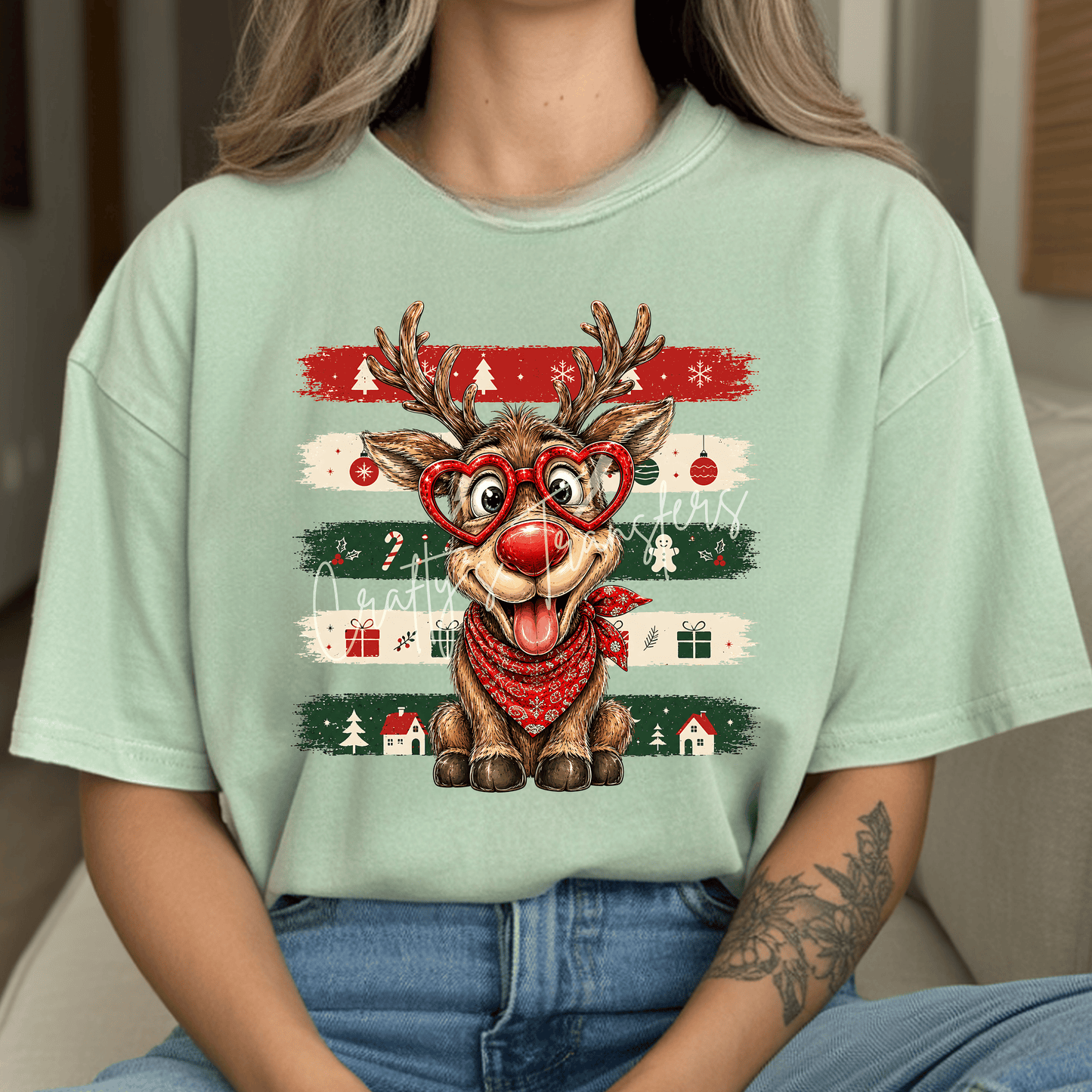 Cute Christmas Reindeer DTF Transfer – Heart Glasses Holiday Graphic – Festive Bandana Shirt Design