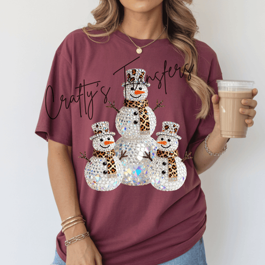 Leopard Snowman Trio DTF Transfer – Faux Rhinestone Christmas Design – Glam Holiday Shirt Graphic