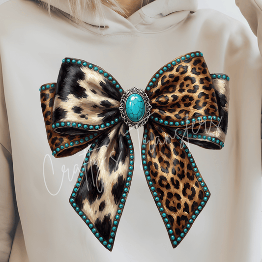Western Leopard Bow DTF Transfer – Turquoise Cow Print Cowgirl Graphic – Boutique Shirt Design