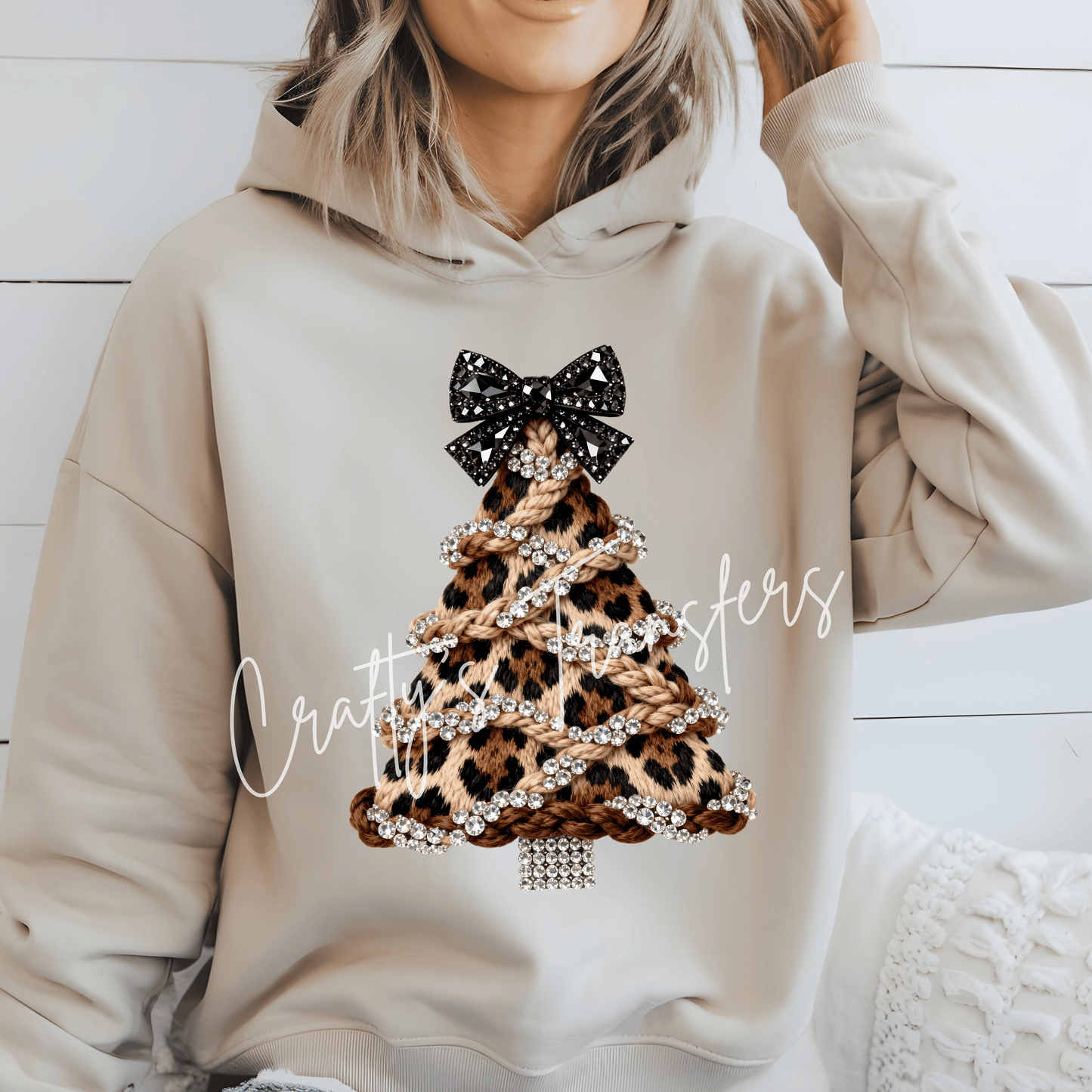 Leopard Christmas Tree DTF Transfer – Faux Rhinestone Braided Holiday Graphic – Glam Christmas Shirt Design