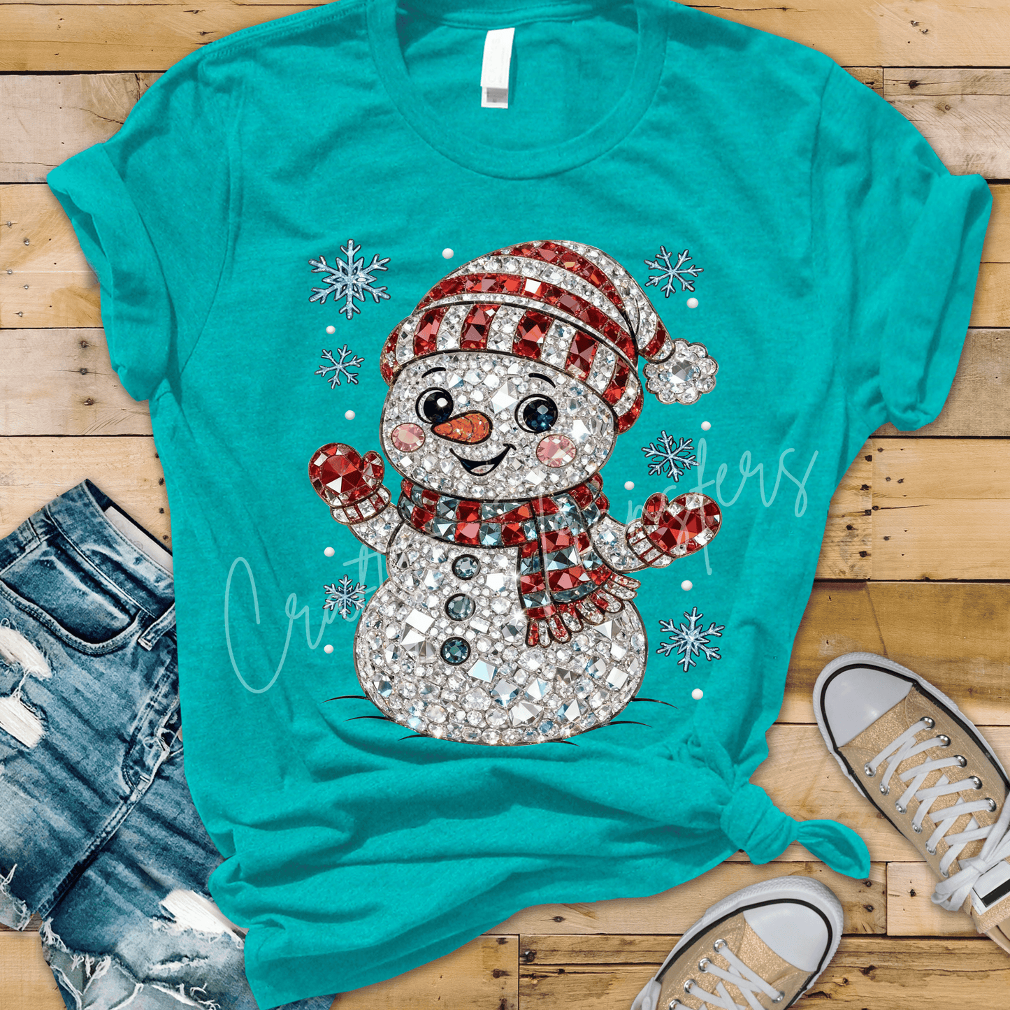 Jeweled Snowman DTF Transfer – Faux Rhinestone Christmas Graphic – Red and Green Holiday Shirt Design