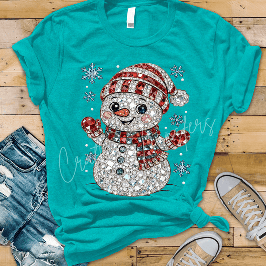 Jeweled Snowman DTF Transfer – Faux Rhinestone Christmas Graphic – Red and Green Holiday Shirt Design