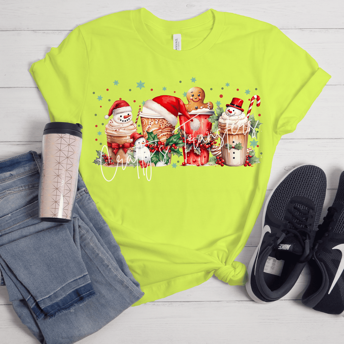 Christmas Coffee DTF Transfer – Snowman and Gingerbread Holiday Drinks – Festive Winter Shirt Design