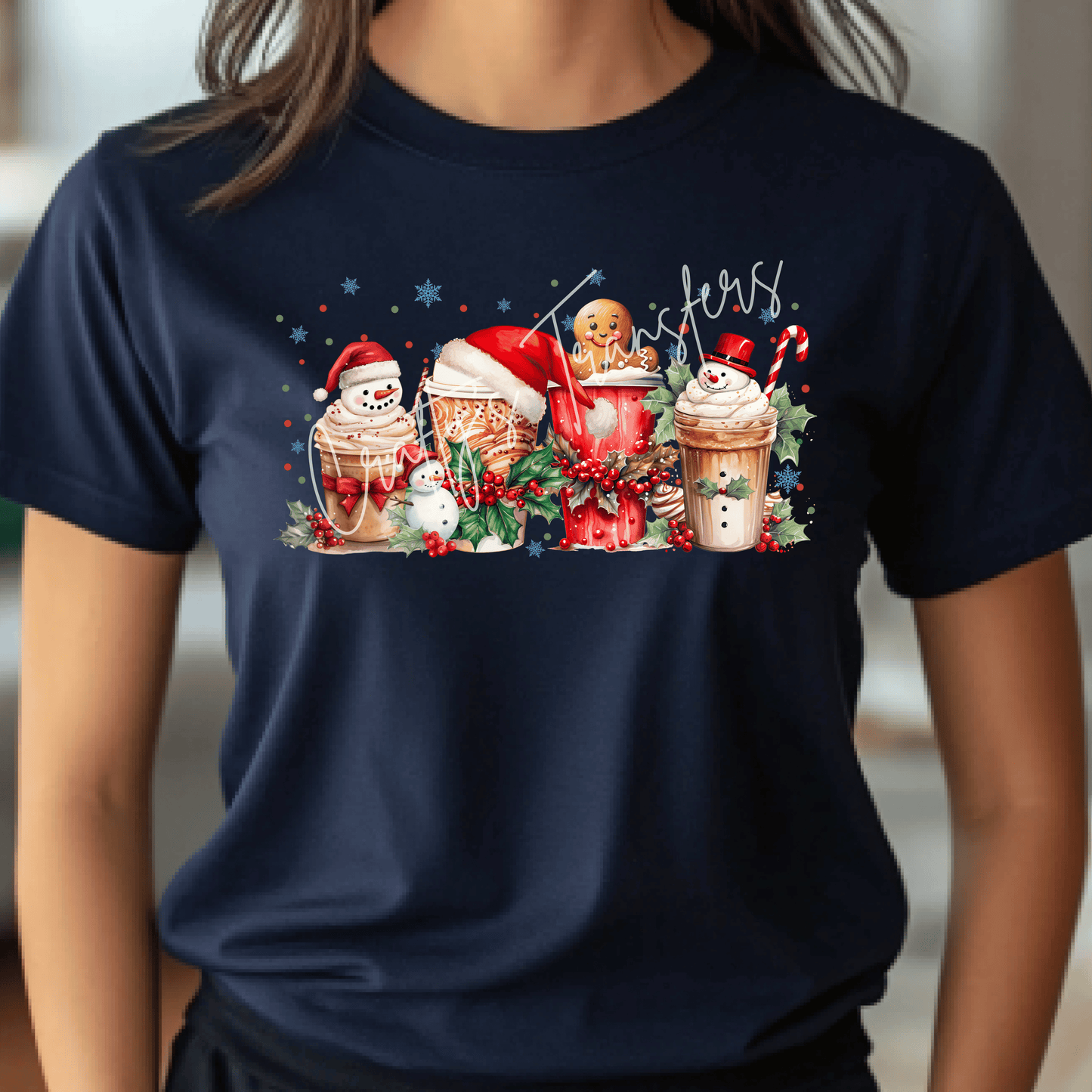Christmas Coffee DTF Transfer – Snowman and Gingerbread Holiday Drinks – Festive Winter Shirt Design