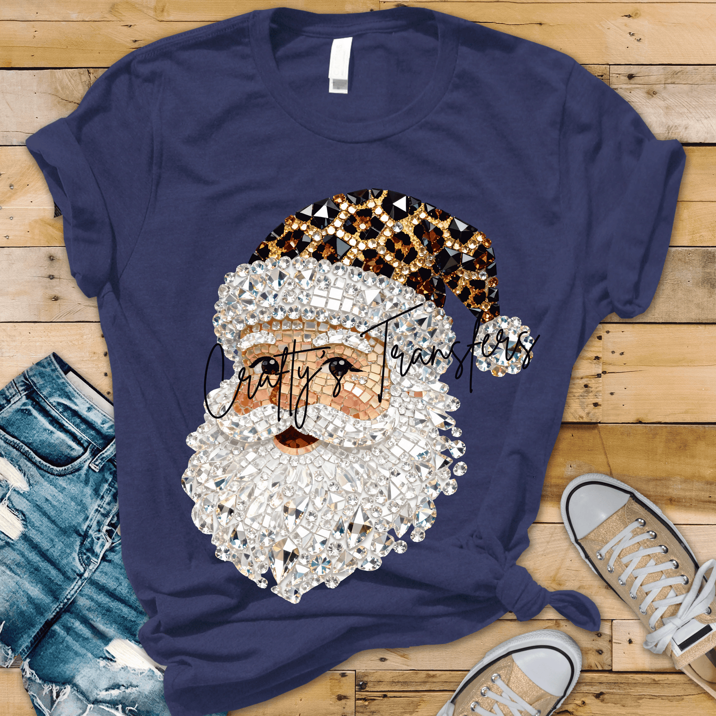 Leopard Santa DTF Transfer – Faux Rhinestone Christmas Graphic – Glam Holiday Shirt Design