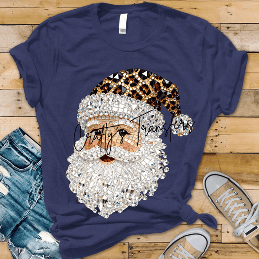 Leopard Santa DTF Transfer – Faux Rhinestone Christmas Graphic – Glam Holiday Shirt Design