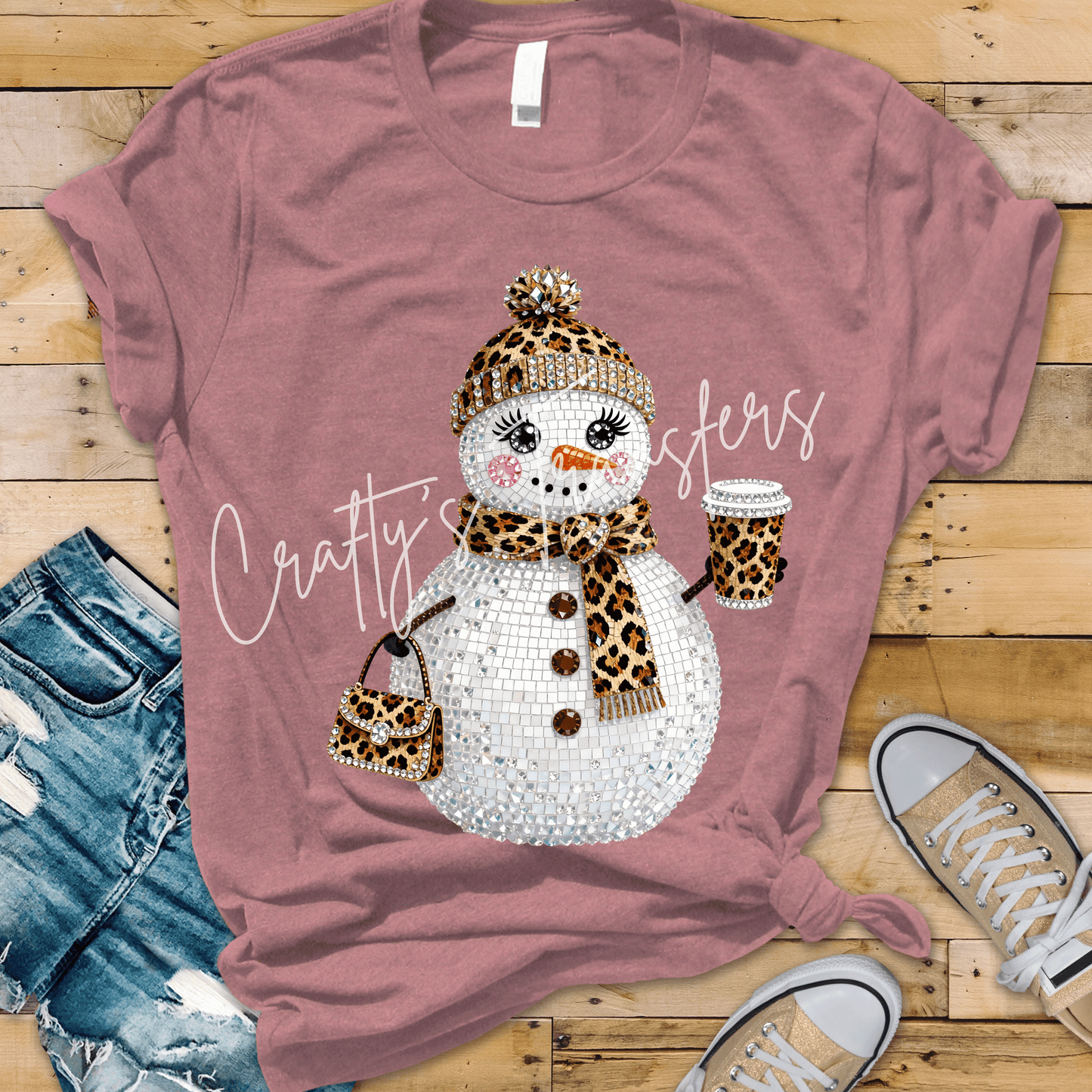 Leopard Snowgirl DTF Transfer – Faux Rhinestone Coffee Lover Christmas Graphic – Glam Holiday Shirt Design