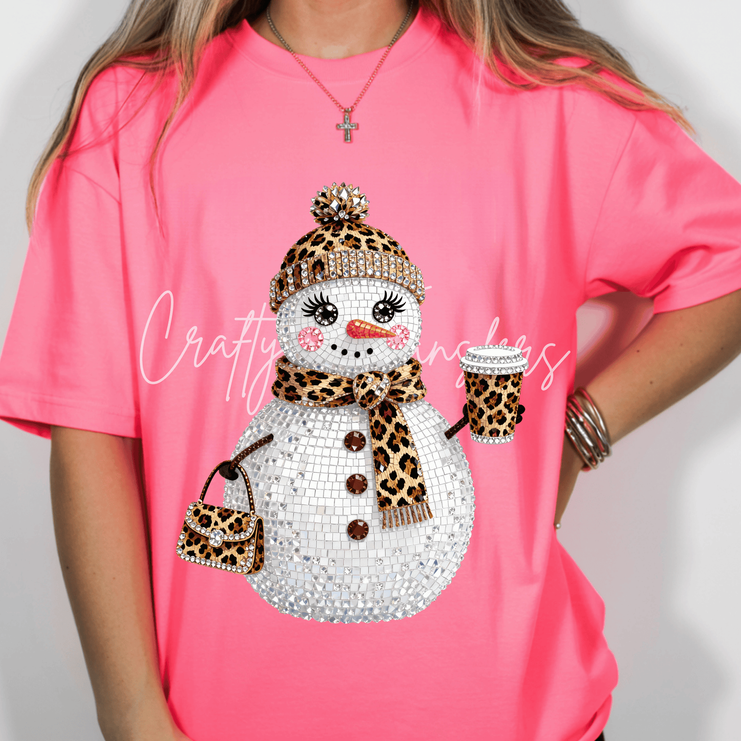 Leopard Snowgirl DTF Transfer – Faux Rhinestone Coffee Lover Christmas Graphic – Glam Holiday Shirt Design