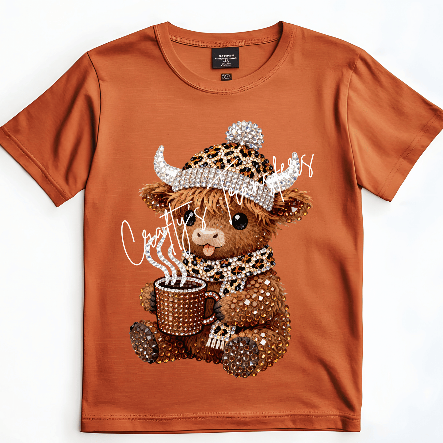 Jeweled Highland Cow DTF Transfer – Leopard Winter Coffee Graphic – Faux Rhinestone Cow Shirt Design