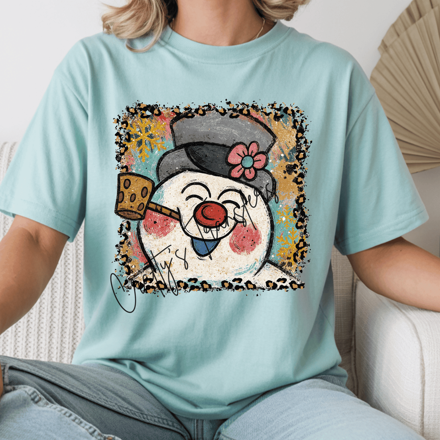 Happy Snowman DTF Transfer – Leopard Border Winter Graphic – Colorful Christmas Shirt Design