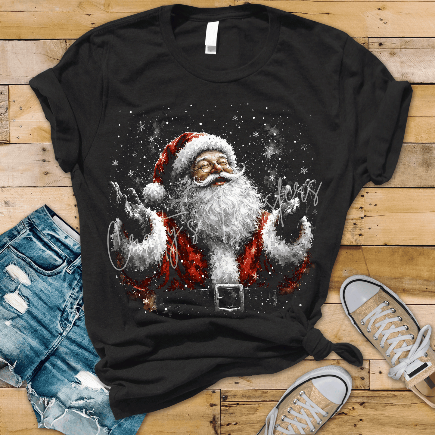 Joyful Santa DTF Transfer – Realistic Christmas Snowfall Graphic – Classic Holiday Shirt Design