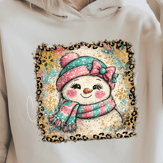 Pink and Turquoise Snow Girl DTF Transfer – Leopard Christmas Snowman Graphic – Boutique Holiday Design