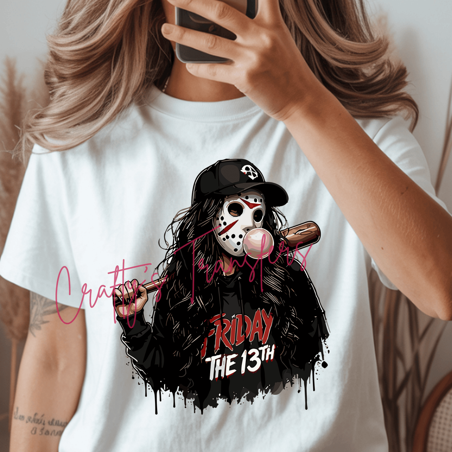 Bad Luck Babe DTF Transfer – Masked Horror Girl Graphic – Spooky Bubblegum Shirt Design